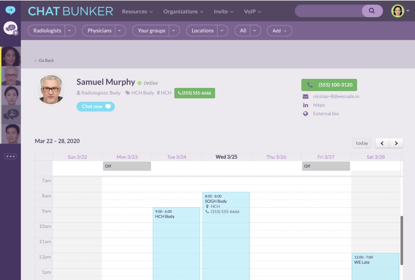 Screenshot of ChatBunker app Physician Scheduling